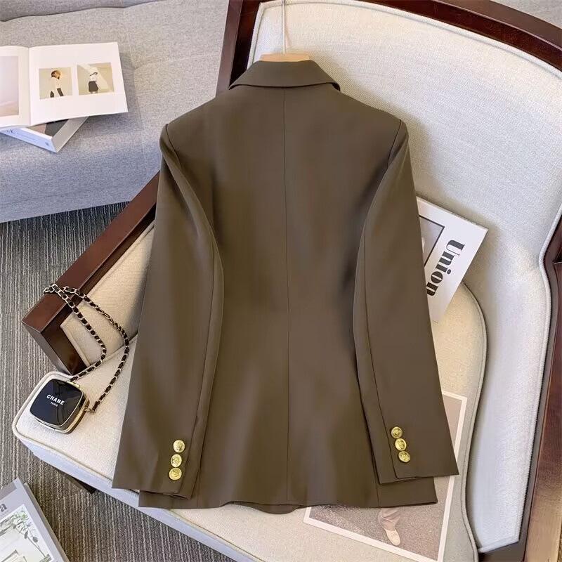 Women's Khaki Double-Breasted Suit Jacket - Spring/Autumn 2025 Street Style, Loose-Fit, Versatile, Casual.