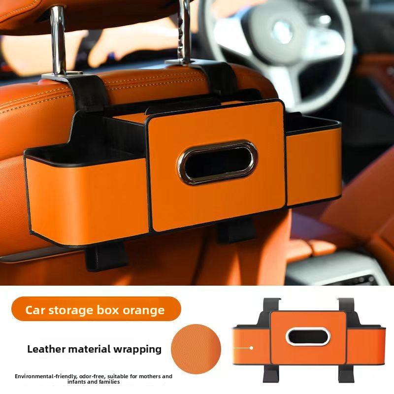 

Органайзер на спинку сиденья автомобиля с держателем для салфеток и регулируемыми крючками - Двухсекционный для закусок/напитков, Легко устанавливается и прочный ABS отсек для хранения оранжевый