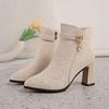 Pointed Toe Versatile Skinny Cloth Top Block Heel Booties Fashion Metal Buckle Side Zipper Non-Slip High Heels
