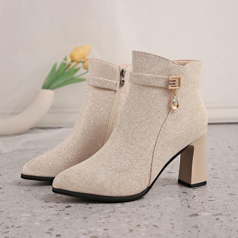 Pointed Toe Versatile Skinny Cloth Top Block Heel Booties Fashion Metal Buckle Side Zipper Non-Slip High Heels