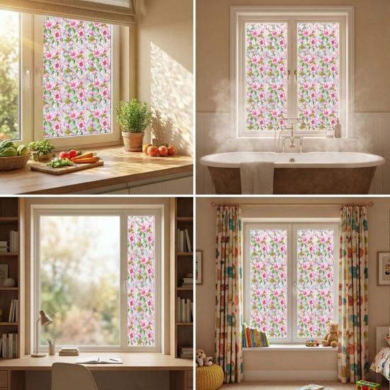 Flower Stained Glass Window Film Lotus Morning Glory Floral Window Cling Removable Decorative Static Sticker UV Blocking Privacy Decals for Living