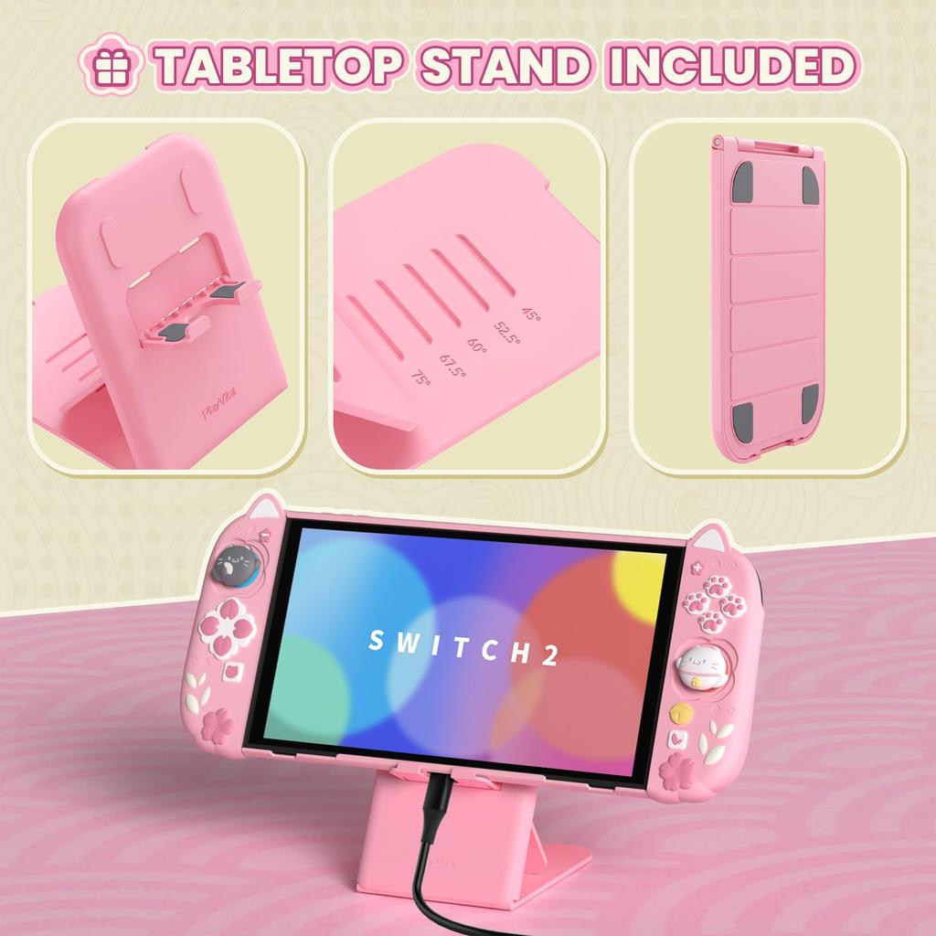 PlayVital Protective Cover Set for Switch Compatible with Switch 2 Includes Cat Ears Paw Silicone PC Adjustable Stand Japanese Sakura Kitten Design 2,