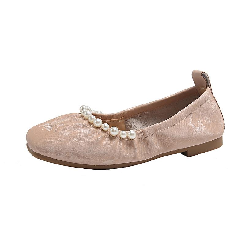 Soft~ Sweet Pearl Flat Ballet Single Shoes Women's New Chinese Style Square Head Soft Sole Doudou Shoes Grandma Shoes