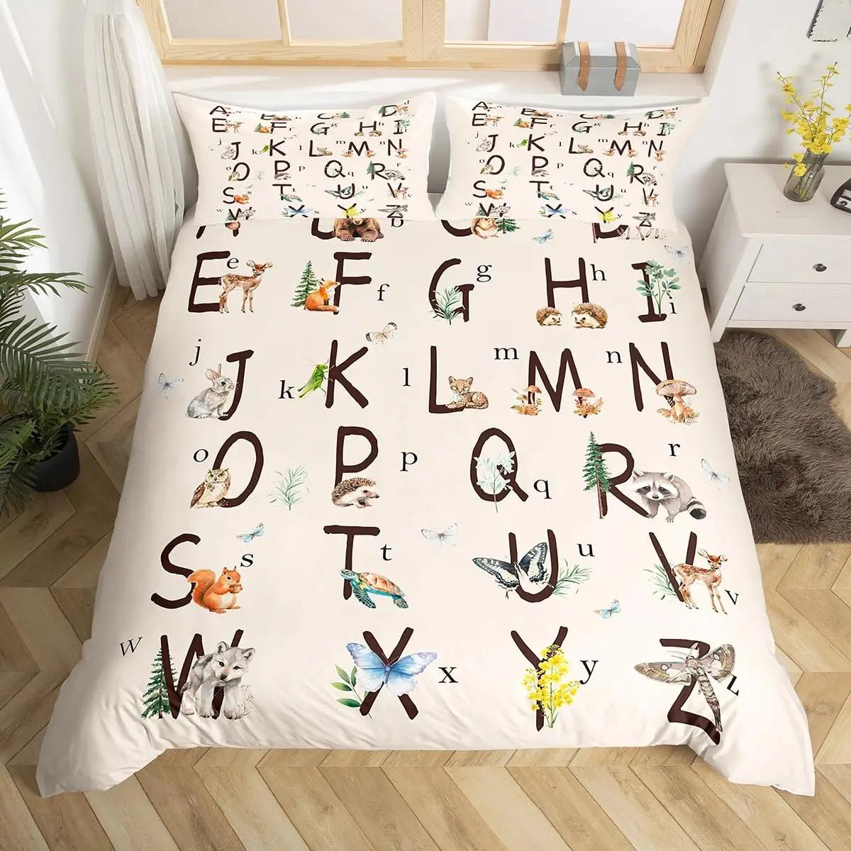 

English Alphabet Duvet Cover Cartoon Animal Bedding Set Early Education Theme Quilt Cover Butterfly Bear Deer Comforter Cover EU Single(135x200cm)