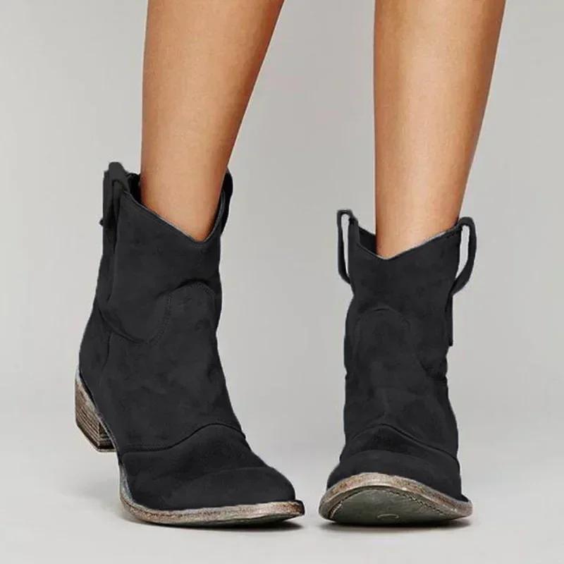 Vintage Cowboy Ankle Boots for Women Pointed Toe Low Heels Western Botas Autumn Winter Slip On PU Leather Booties