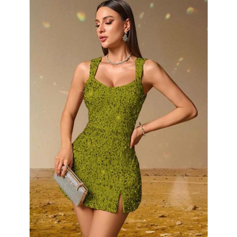 Pailletten Mini-Kleid Glitzernd Breiter Träger Quadratischer Ausschnitt Rückenfrei Bodycon Kurz Gewand Sexy Seitenschlitz Glitzer Ärmellos Geburtstagsparty Cocktail Club Kleid