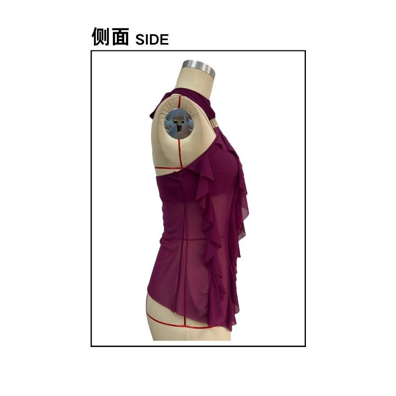 Purple Halter Mesh Ruffled Off Shoulder Sleeveless Sexy Women Casual Top