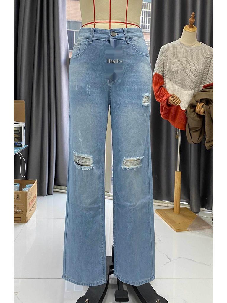2025 Blue Ripped Women's Loose Straight Jeans - European & American Style