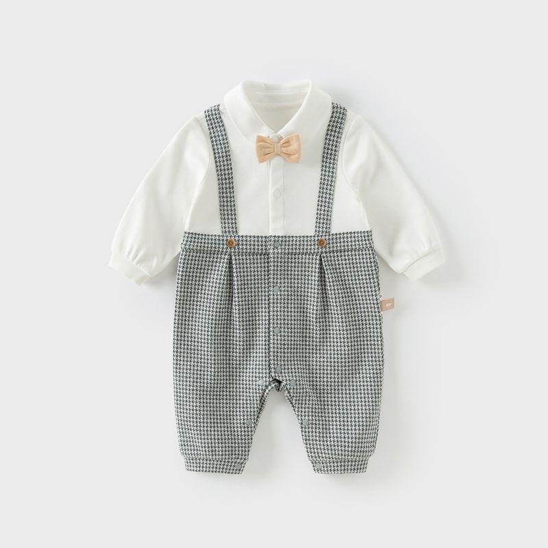 David Bella Newborn Romper 2026 Spring New Style Baby Boy Faux Two-Piece Gentleman Long Romper Jumpsuit Houndstooth [Ready Stock] 90