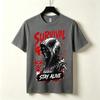 Survival Stay Alive Graphic Tshirt Skull Hood Biohazard Symbol Print Dark Grunge Gothic Streetwear Edgy Casual Urban Top