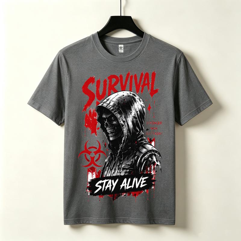 Survival Stay Alive Graphic Tshirt Skull Hood Biohazard Symbol Print Dark Grunge Gothic Streetwear Edgy Casual Urban Top