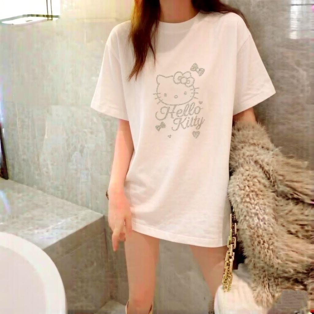Cotton Short-sleeved Summer Heavy Industry Hot Diamond Medium and Long Loose and Thin Versatile Casual Top