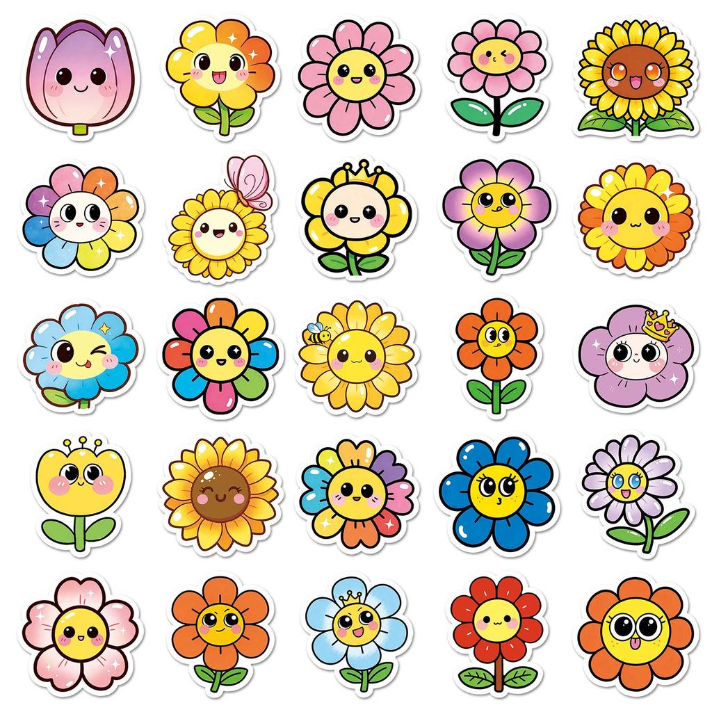50 Cute Smiley Flower Stickers – Childlike Q Version for Journals, Water Bottles, Cars, and Helmets