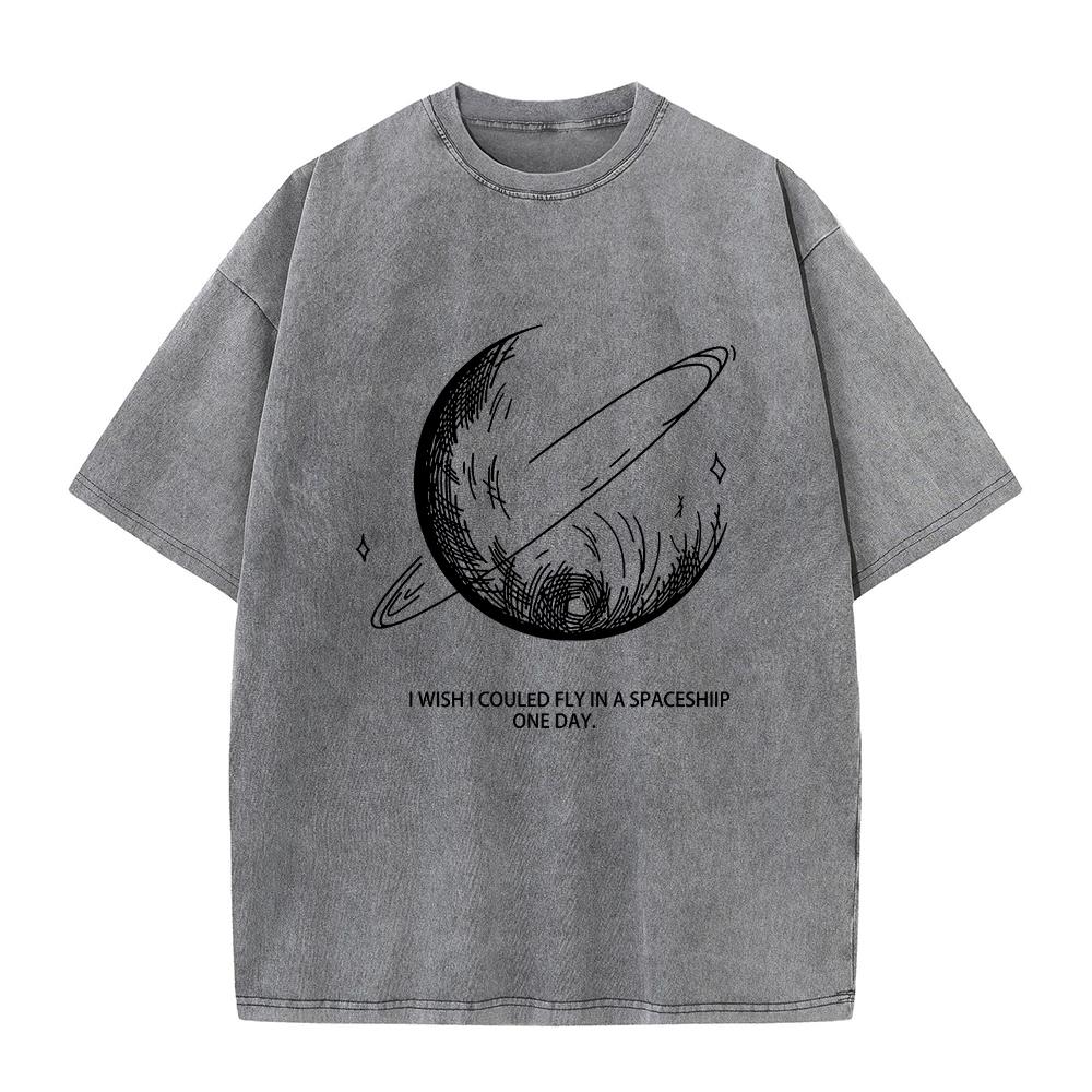 New Heavyweight Pure Cotton Washed TShirt Loose Oversize Retro Distressed Street Style Moon Print Short Sleeve Base Layer