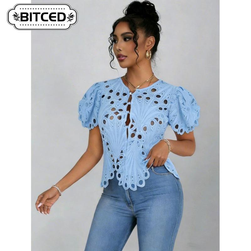 BITCED Women's Fashion Casual Solid Color Print Short Sleeve V Neck Blouses & Shirts