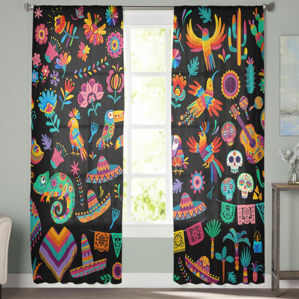 Mexican Festival Pattern Texture Chiffon Sheer Curtains For Living Room Bedroom Decoration Window Tulle Curtains Drapes