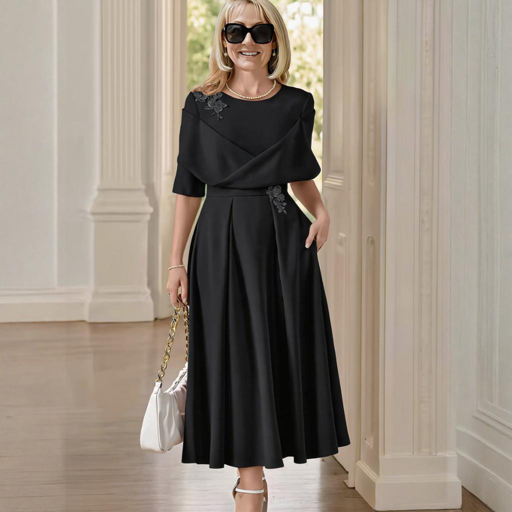 Women’s Midi Dress with Embroidered Detailing Elegant Pleated Skirt and Overlay Top Suitable for Formal Events