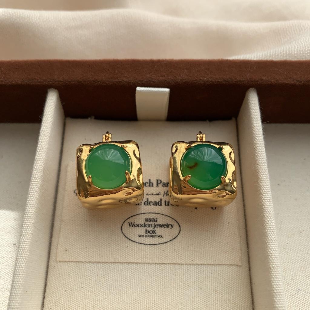 Square box shape stud earrings thick emerald natural texture earrings niche design luxurious high-end fashion light luxury earrings