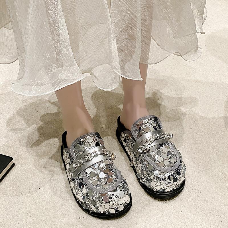 Fashion Bling Platform Mules Slippers Women Flat Sandals Casual Loafers Shoes Woman 2025 Trend Comfort Elegant Dress Summer Slides Mujer