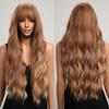 Long Water Wave Synthetic Wigs with Bangs Natural Ginger Brown Loose Curly Wavy Wig for Black White Women Heat Resistant Daily