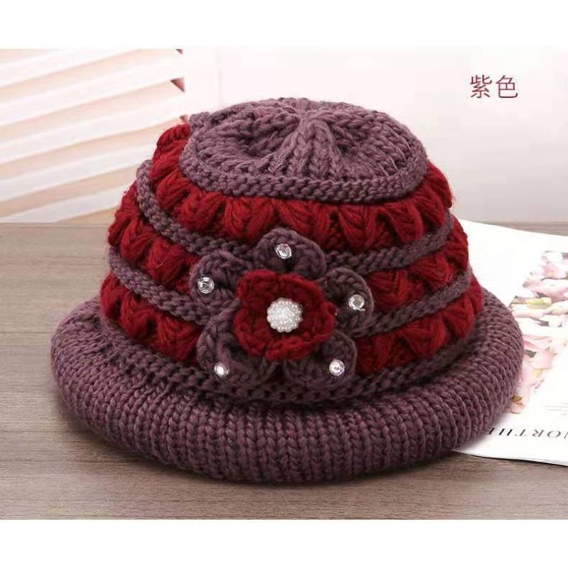 Elderly Winter Hat Women's Grandmother Knitted Warm Hat Middle-aged and Elderly with Thick Woolen Yarn Basin Hat Old Lady Hat