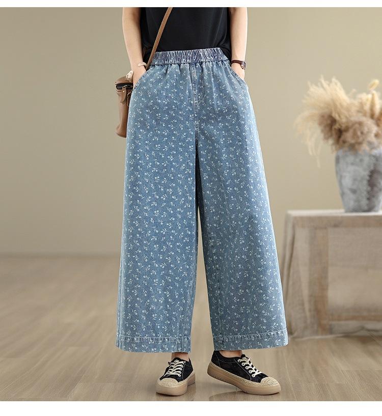 Retro New Chinese Style Personalized Printed Denim Wide-leg Pants Women's Summer New Loose Large Size Personalized Thin Casual Pants