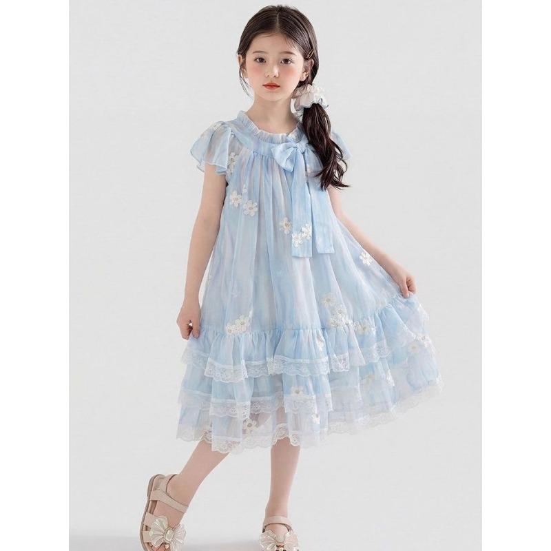 Süßes Hellblaues Kleid für Mädchen - Sommer Kinder Prinzessinnen Blumenkleid