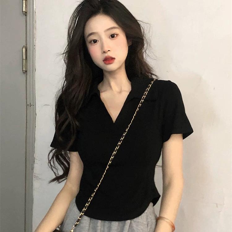 Kortärmad T-shirt Dam Kort Axel T-shirt Sommar Nisch Designkänsla Amerikansk Retro Blus Polotröja