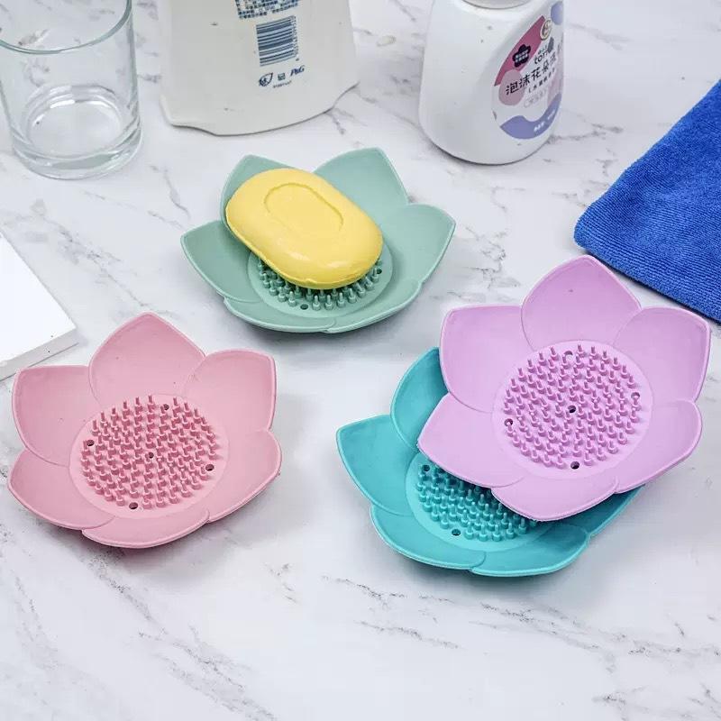 Lotus Design Silicone Soap Dish Self Draining Non-Slip Soap Holder Portable for Bathroom Kitchen Home Camping Use