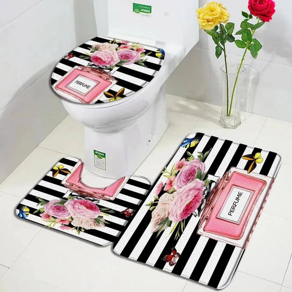 Pink Perfume Bath Mat Set Black White Striped Fashion High Heel Woman Girl Home Carpet Bathroom Decor Non-slip Rug Toilet Cover