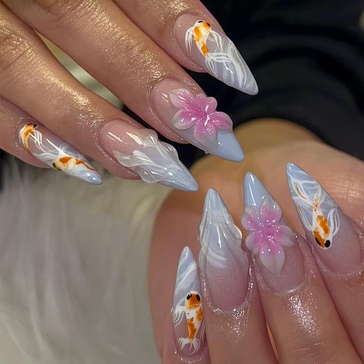 Exquisite 3D Almond Pink Flower Wearable Nails - High-End French Manicure Tips