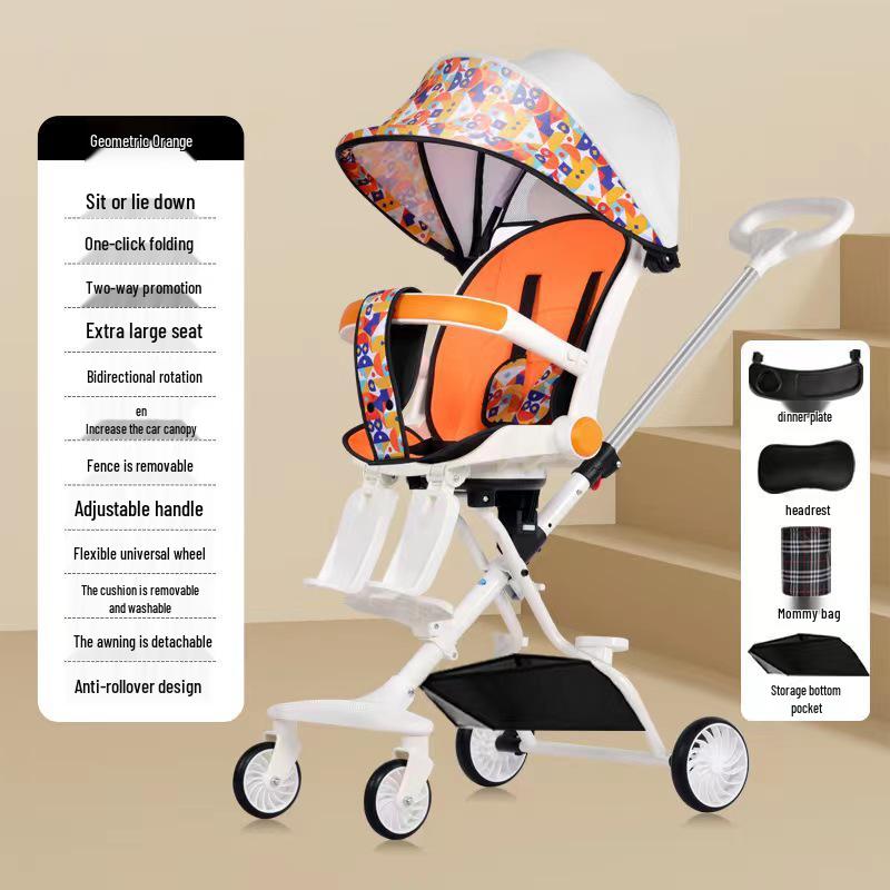 Cărucior pliabil bidirecțional cu șasiu înalt pentru bebeluș, cu patru roți