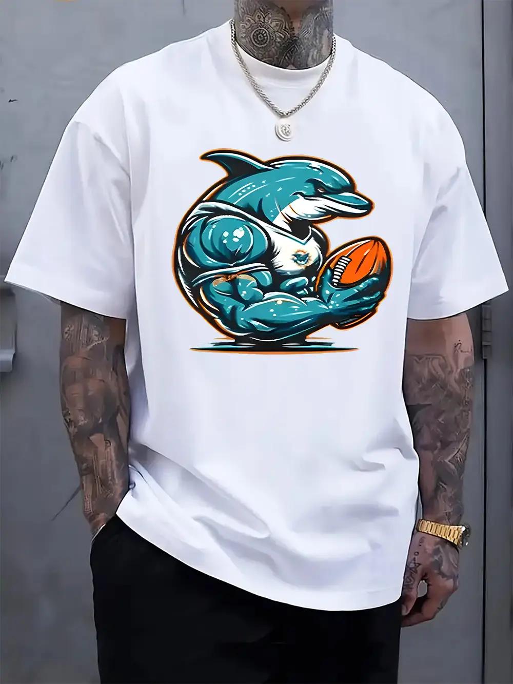 Muscular Dolphin Football Graphic T-shirt - White Crew Neck Short Sleeve Tee with Cartoon Print XXXL