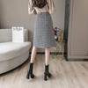 Ženy Houndstooth Kostk Luxusní perly Knoflíček Dělený Vysoký Pas Linka Vlna Teplá sukně Zima Podzim Jaro Móda Sexy sukně
