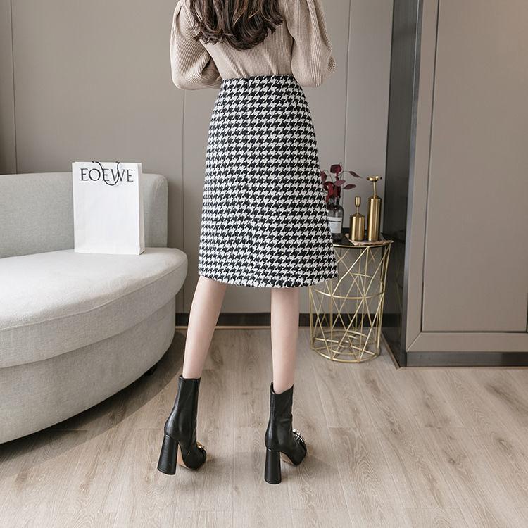Ženy Houndstooth Kostk Luxusní perly Knoflíček Dělený Vysoký Pas Linka Vlna Teplá sukně Zima Podzim Jaro Móda Sexy sukně