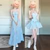 Blue Seaside Vacation Style Suspender Dress Women's Summer Design Sense Niche Pure Desire Bow Waist Long Dress