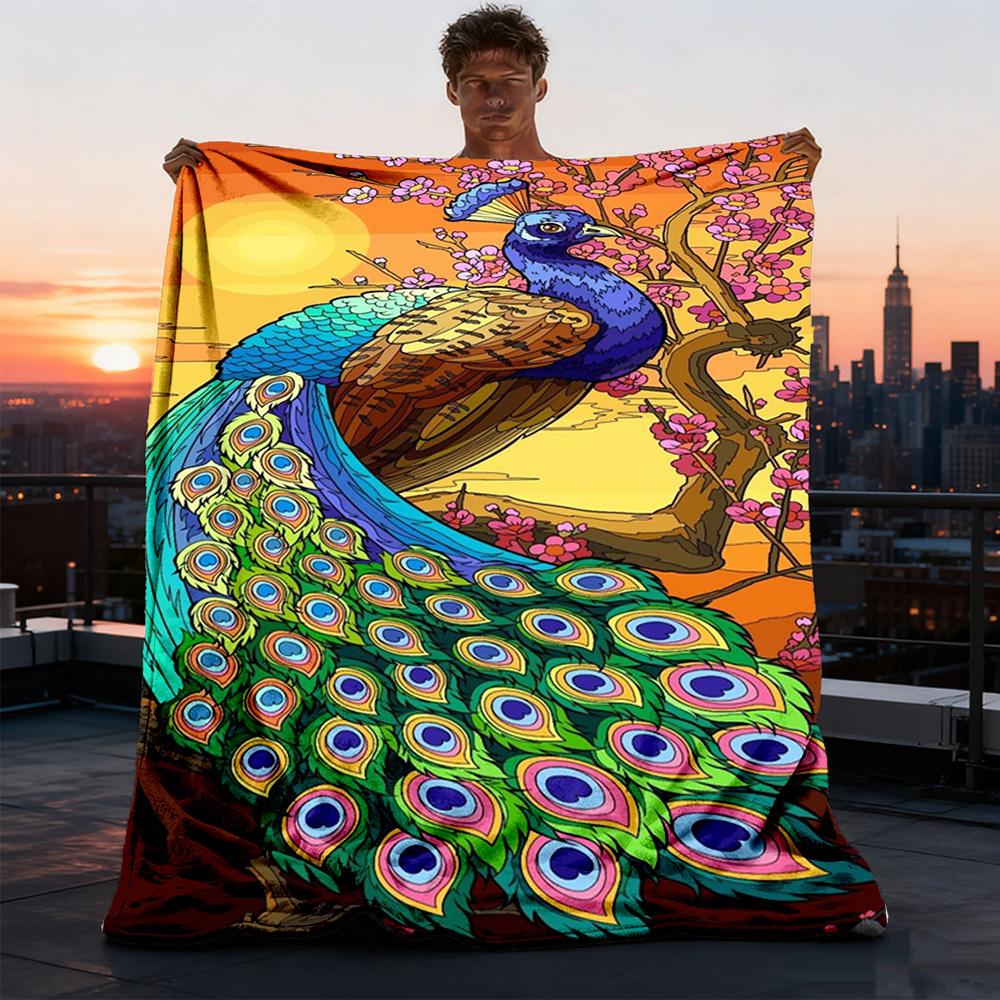 1pc Peacock Feather Throw Blanket Polyester Fiber, Lightweight Flannel, Soft & Warm, All Season Use for Outdoor, Camping Digital Print 75X95CM