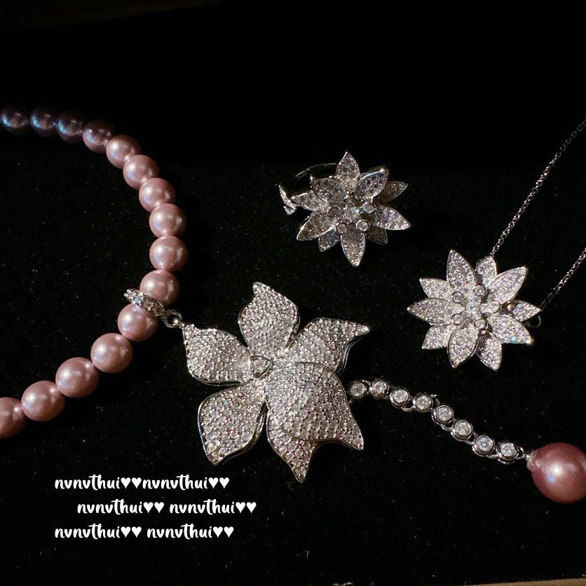 Iris Purple Lotus Gem Pearl Necklace, Tahiti, 18K Gold Plated, Radiant Petal Lotus Leaf Zircon Ring