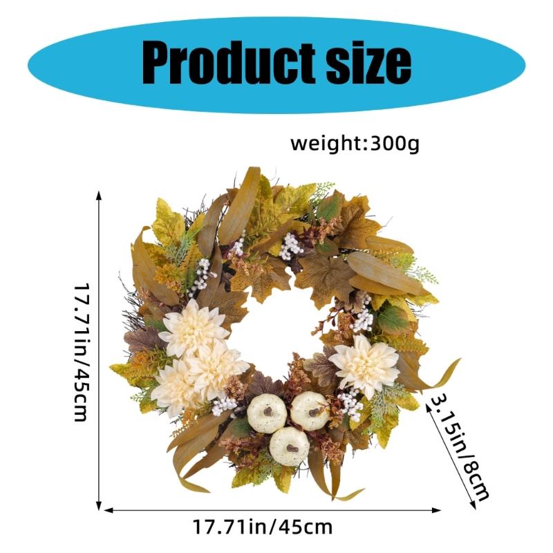 Artificial Wreath with Pumpkins , Autumn Wreath Harvest Day Wreath for Front Door Garden Thanksgiving Holiday Decoration