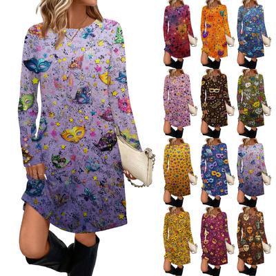 Women's Fashion Casual Dress With Pockets, Decorative Buttons, Round Neck, Long Sleeves, Color