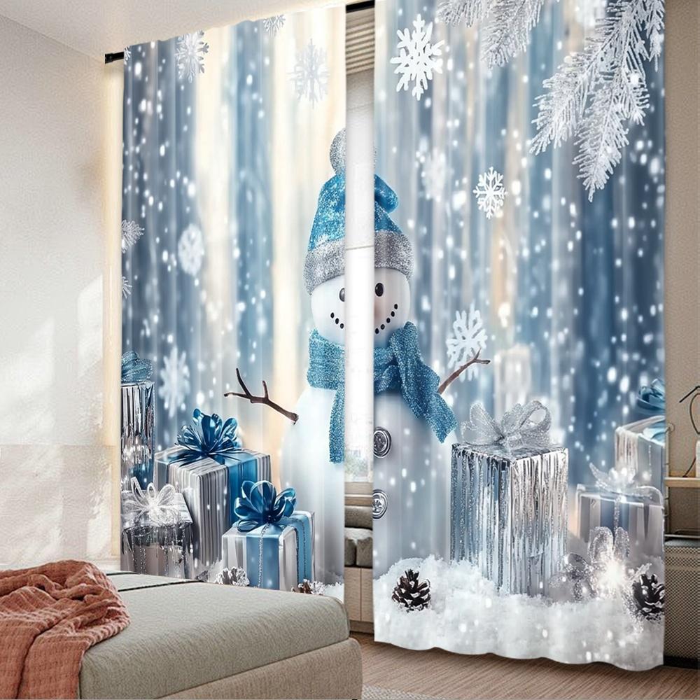 

Flat Printing Happy Christmas Scene Curtains Merry Snowman Digital Printed Polyester Drapes Holiday Set Of 2 Made W100*H70(CM)-Grommet top&2PCS