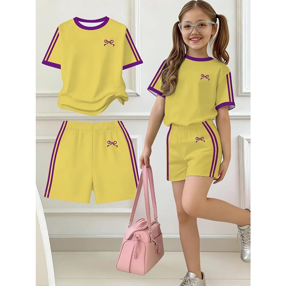Kids Clothes, Girls 2pcs Set, Easy Bow Print Short Sleeve T-Shirt and Shorts Set, Suitable for Spring and Summer, Y2K Fashion Clothing