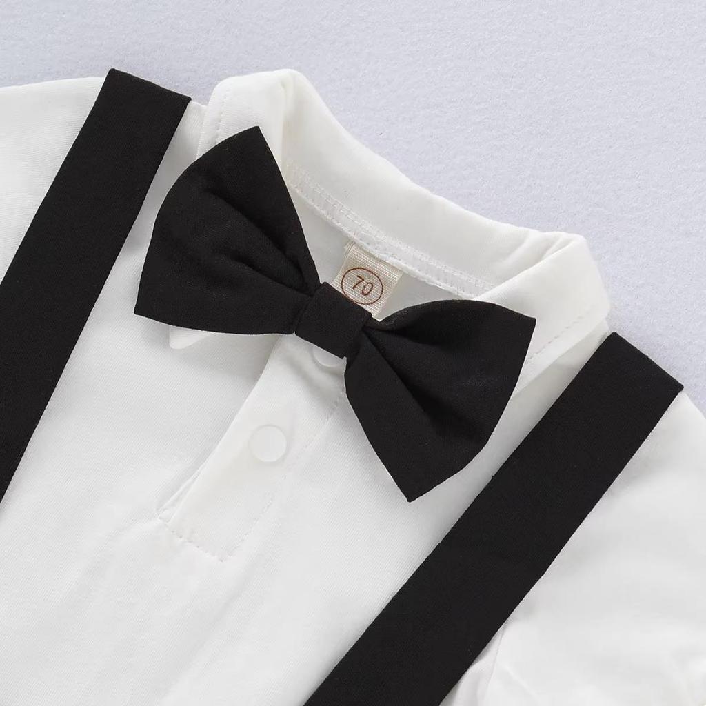 Mini Strój Dżentelmena Niemowlęcy Chłopiec Formalne Stroje Koszulka z Krótkim Rękawem z Muszką + Śpioszki Krótkie Spodenki Letnia Moda Zestaw 2 Szt.
