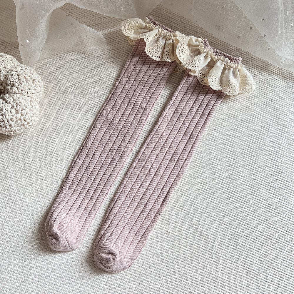 Spring Soft Cotton Mid Tube Pantyhose Plain Baby Girls Mid Calf Lace Princess Sock Knit Newborn Baby Socks розовый
