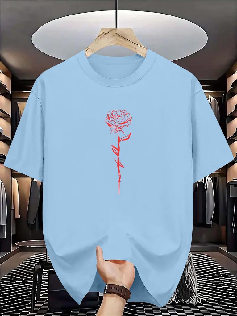Unisex Summer White Short Sleeve T Shirt Minimal Red Line Art Rose Graphic Crew Neck Loose Casual Streetwear Daily Fashio Unisexs Tops