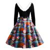 Women's Fashion Round Casual Slim Fit Christmas Print Large Swing Long Sleeve Dress