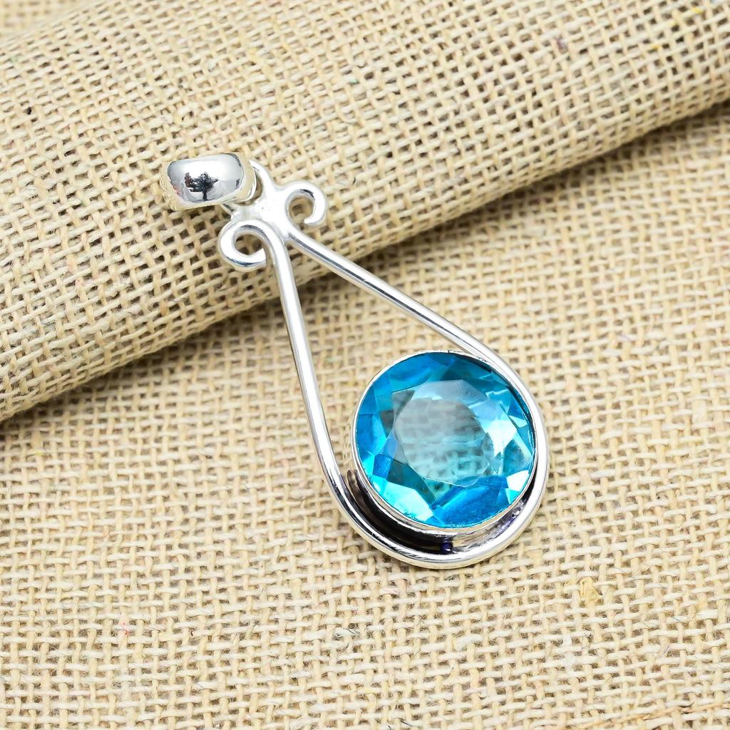 Blue Topaz Gemstone Handmade 925 Sterling Silver Jewelry Pendant For Engagement Gift