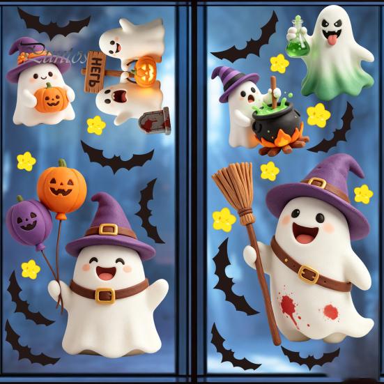 Shop Window Displays 2Pcs Cute Ghost Halloween Static Stickers, PVC Waterproof Cartoon Pumpkin Bat And Holiday Party Supplies Star Glass Decals,