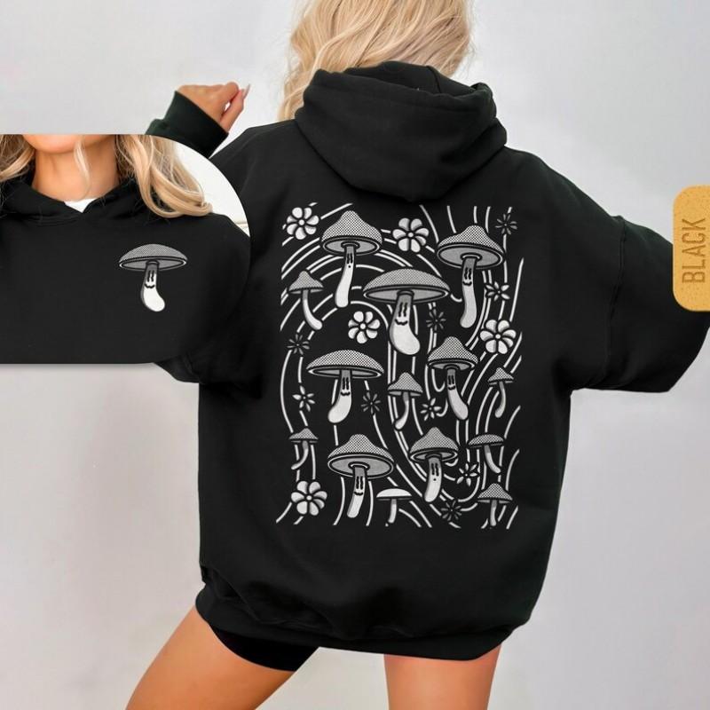 Womens Hooded Long Sleeve Sweatshirt With Retro Mushroom Print Casual Streetwear Top