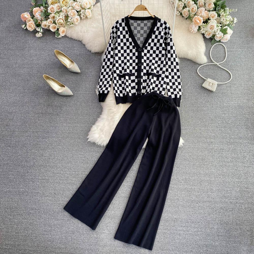 Autumn Winter Vintage Plaid Knitted Sweater Pant 2 Piece Set Women Tracksuit Single Breasted Jacket Coat + Ankle Length Trousers Outfits